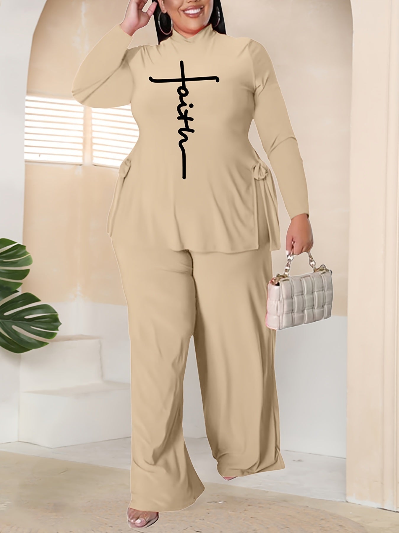 Plus Size Letter Print Split Hem Shirt & Pants Set; Women's Plus Casual Medium Stretch Outfits 2pcs Set