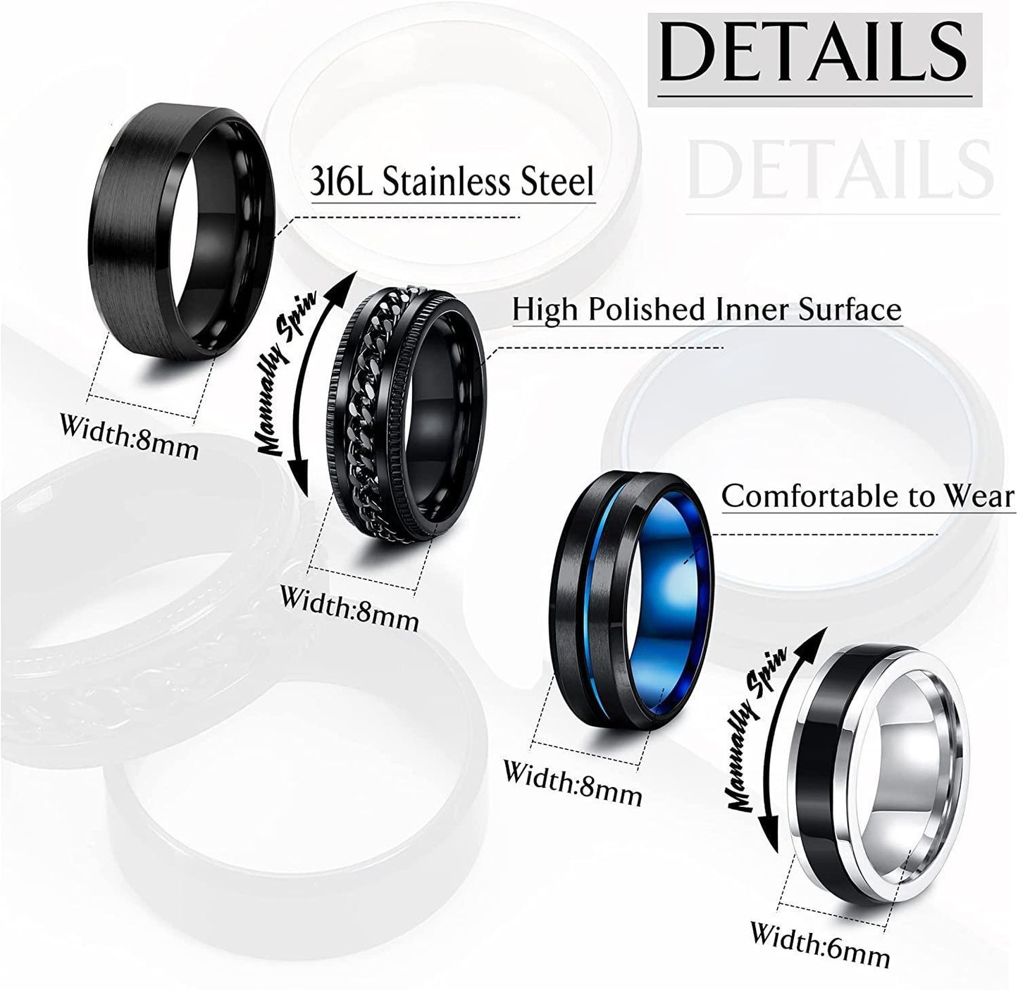 4Pcs Stainless Steel Band Spinner Rings for Men Women Fidget Rings for Anxiety Twisted Chain Rings Tungsten Carbide Ring Mens Fashion Jewelry; Black&Blue Ring