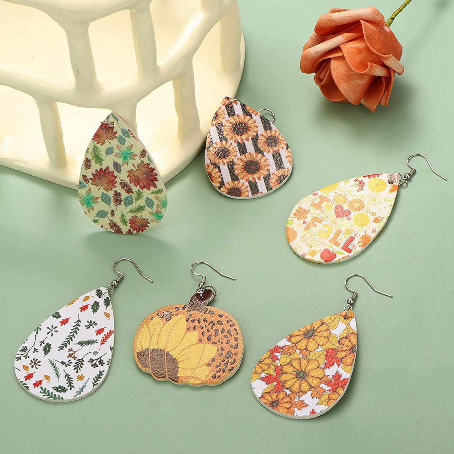 16 Pairs Faux Leather Earrings for Women Autumn Teardrop Dangle Earrings Set Pumpkin Sunflower Maple Leaf Acorn Thanksgiving Jewelry