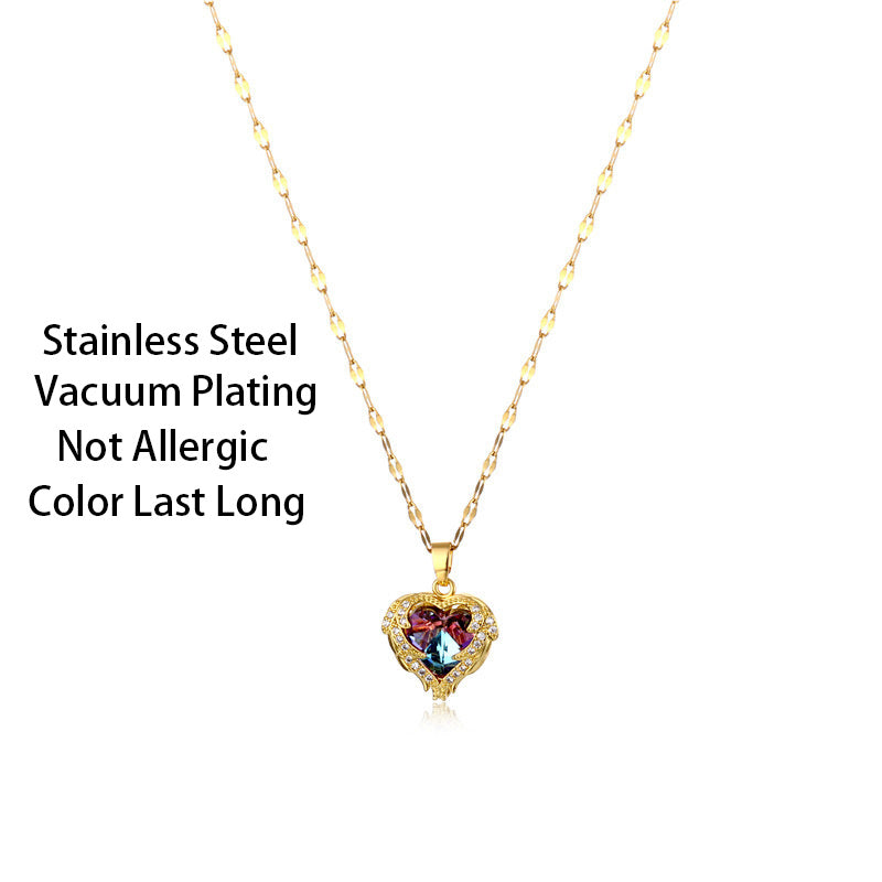 Luxury Colorful Crystal Ocean Heart Pendant Necklace For Women Korean Fashion Stainless Steel Neck Chain Female Wedding Jewelry