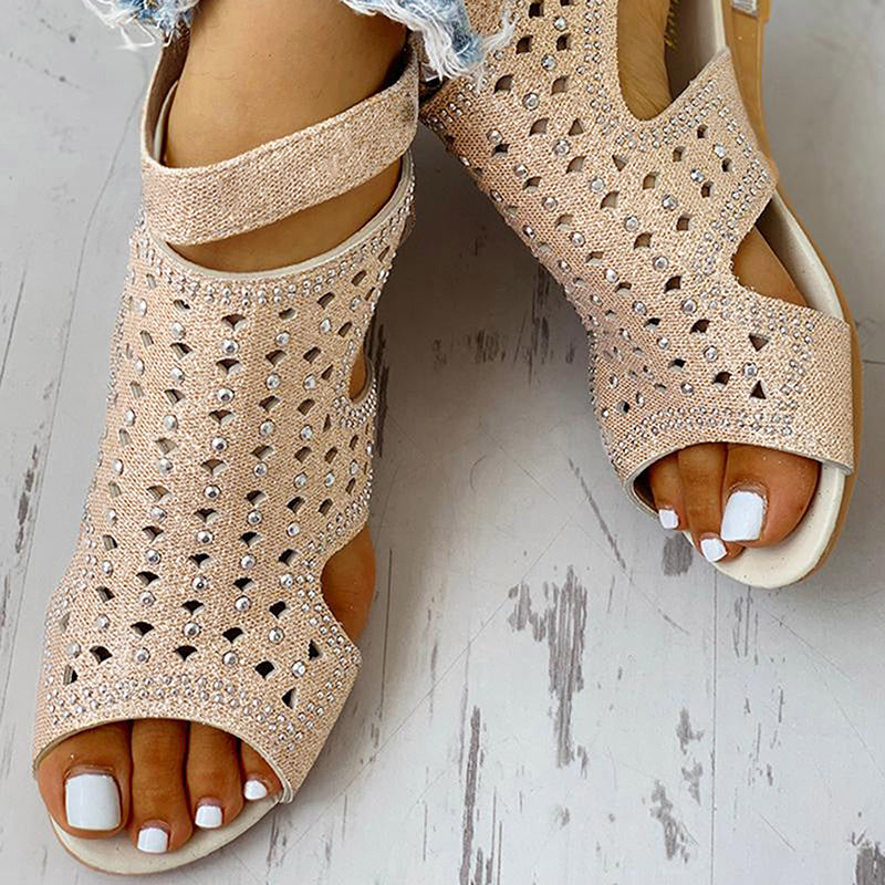 New Fashion Women's Sandals Rhinestone Hollow Female Roman Sandals Fish Mouth Back Zipper Casual Comfort Wedge Ladies Shoes