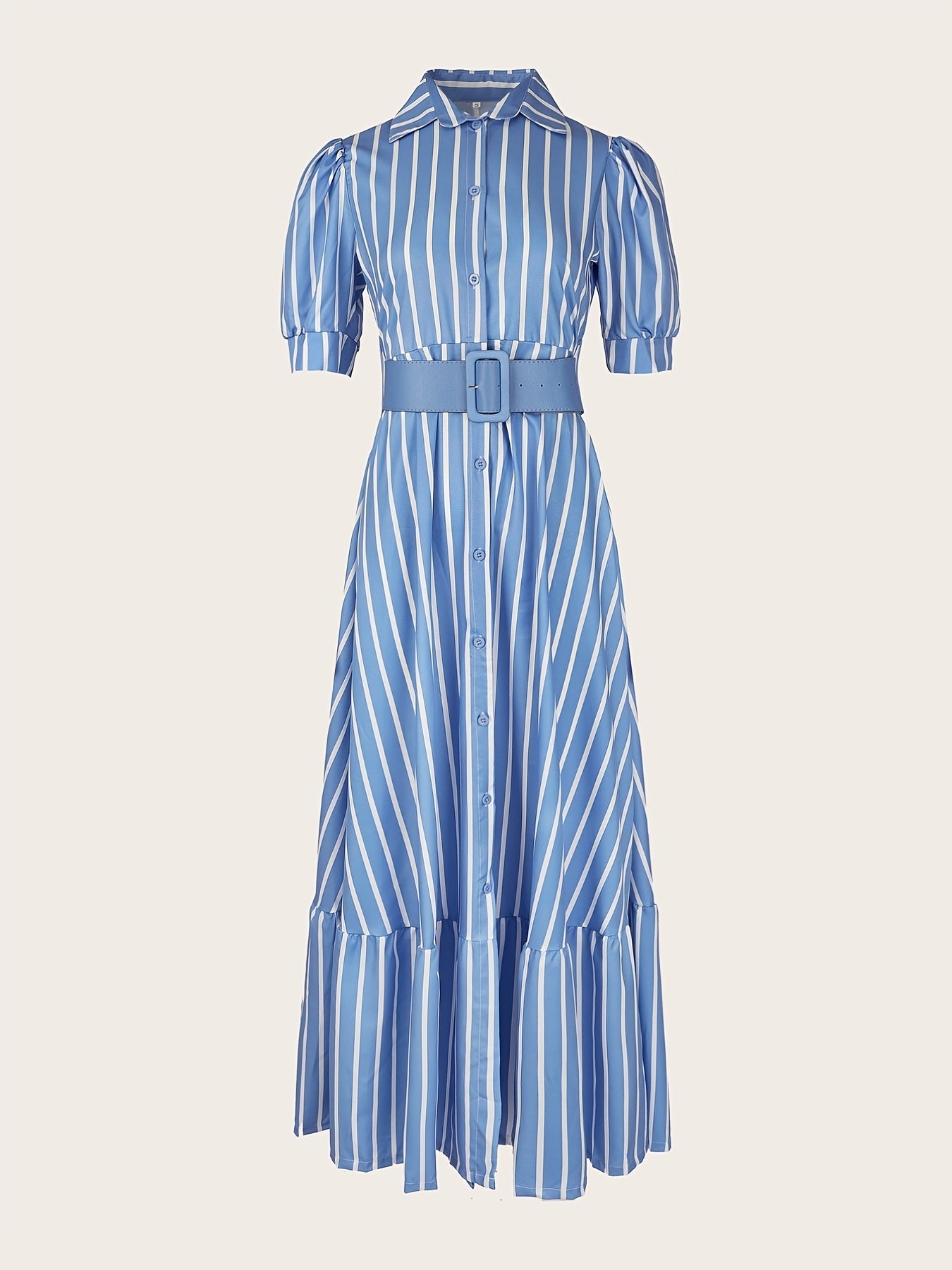 Elegant Striped Lace Up Long Dress; Short Sleeve V-neck Swing Belt Summer Long Dresses; Women's Clothing