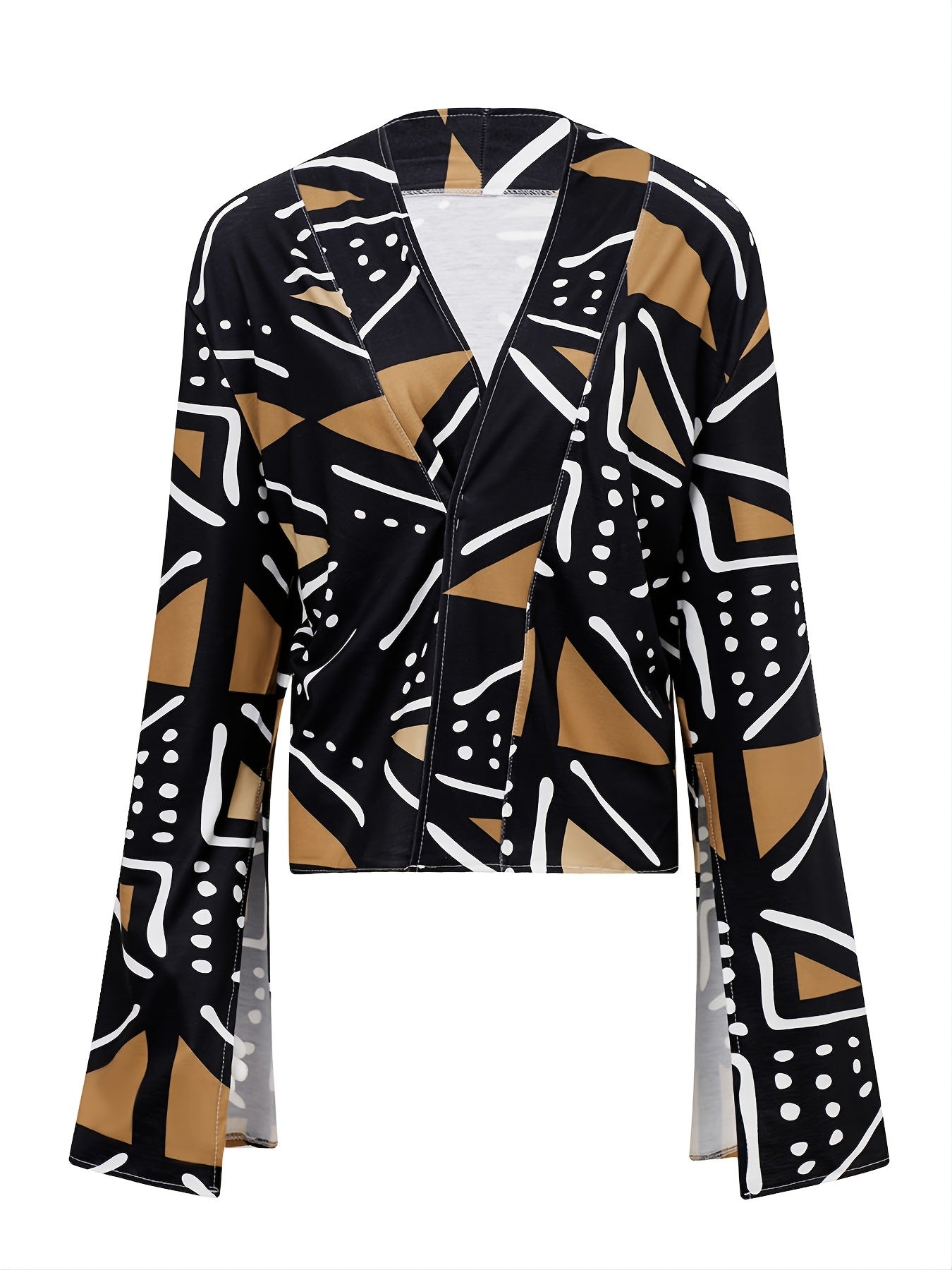 Plus Size Geometric Print Split Bell Sleeve Jacket; Women's Plus Lapel Collar Casual Street Medium Stretch Jacket