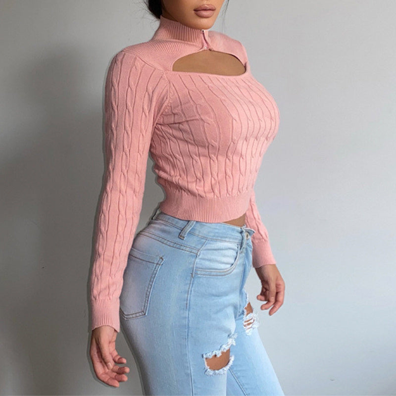 Solid Knitted Women's Turtleneck Pullovers 2021 Autumn Long Sleeve Zippers Hollow Out Sweaters Ladies Fashion Office Clothes