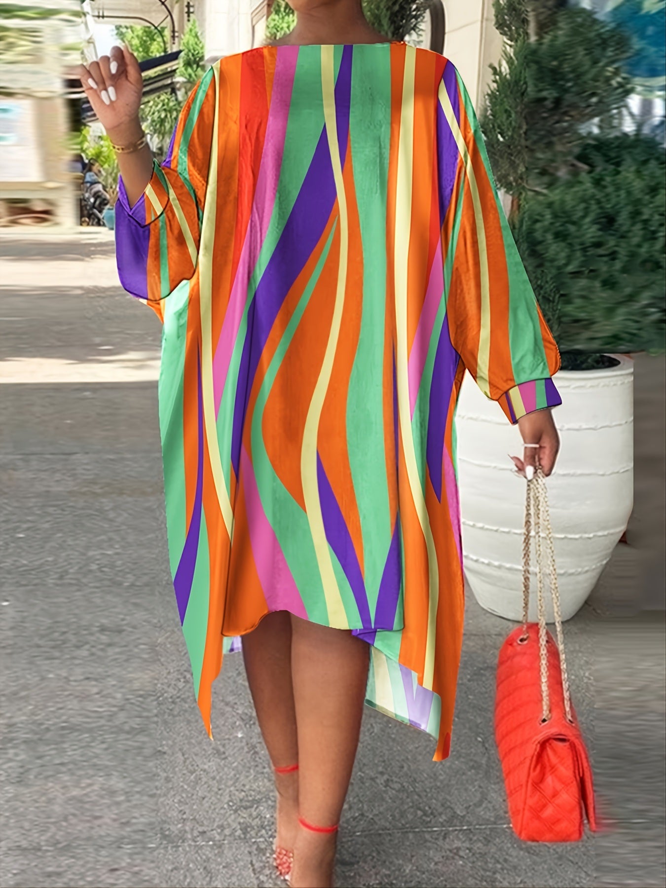 Plus Size Rainbow Striped Loose Fit Maxi Dress; Women's Plus Casual Round Neck Dress