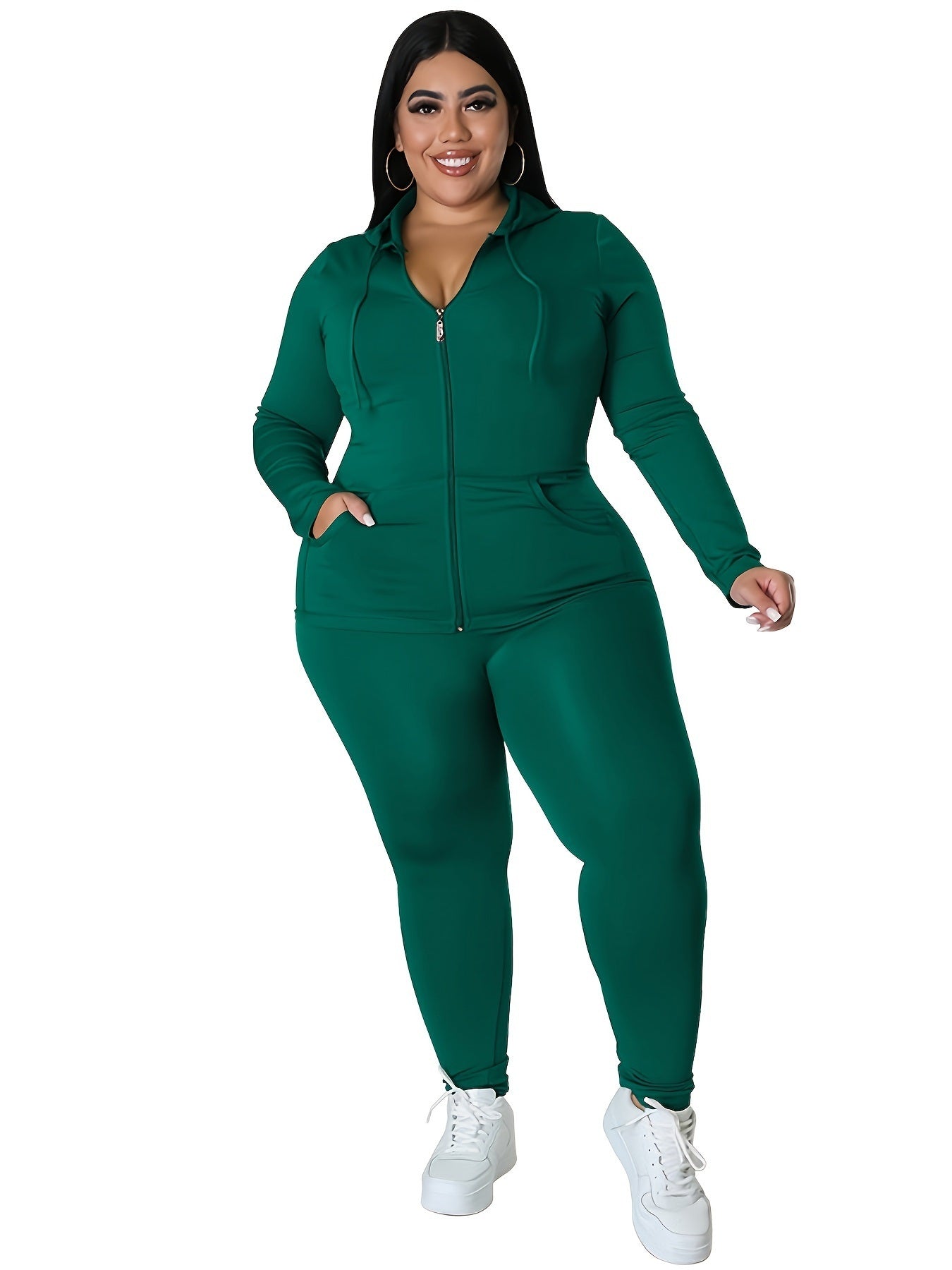 Plus Size Solid Zip Up Hoodie Sweatshirt & Pants Set; Women's Plus High Stretch Workout 2pcs Set