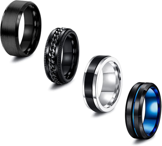 4Pcs Stainless Steel Band Spinner Rings for Men Women Fidget Rings for Anxiety Twisted Chain Rings Tungsten Carbide Ring Mens Fashion Jewelry; Black&Blue Ring