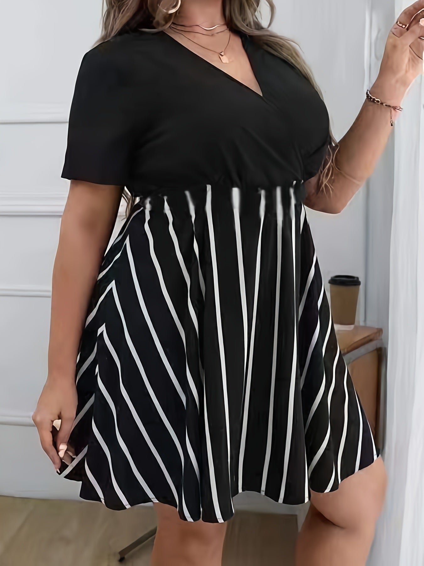 Plus Size Strip Print V Neck Tee Dress; Women's Plus Casual Slight Stretch Short Dress