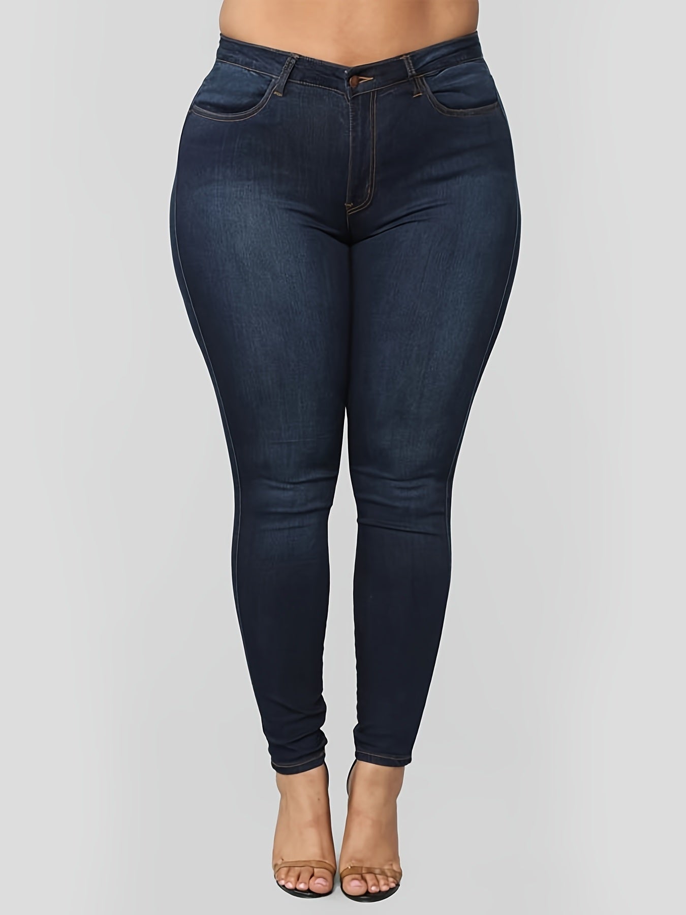 Plus Size High Rise Button Fly Skinny Jeans; Women's Plus Slight Stretch Casual Denim Skinny Pants