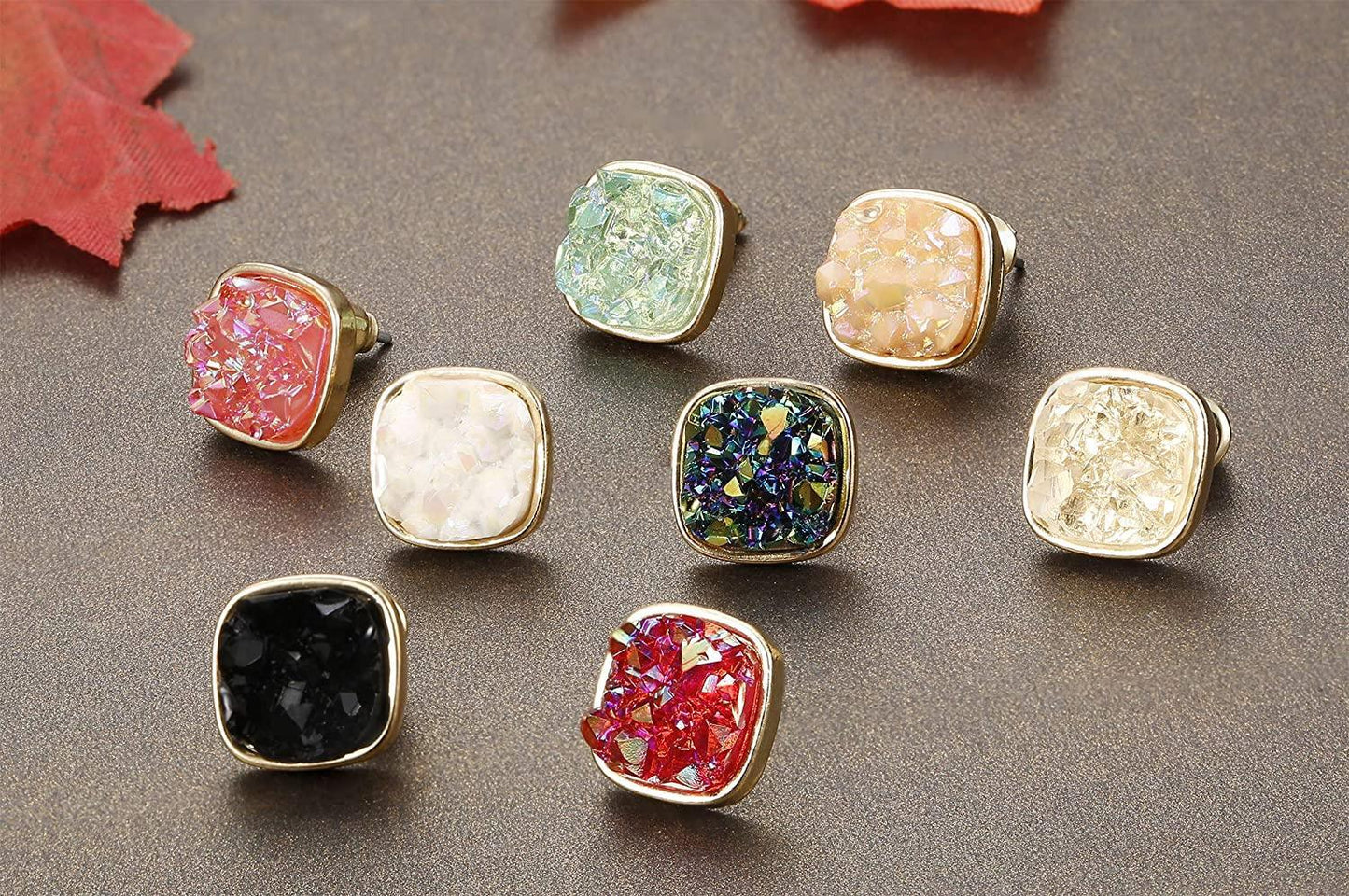 8 Pairs Resin Square Faux Druzy Stone Stud Earrings Set for Women Men Gold Plated Fashion Earrings Jewelry 10MM