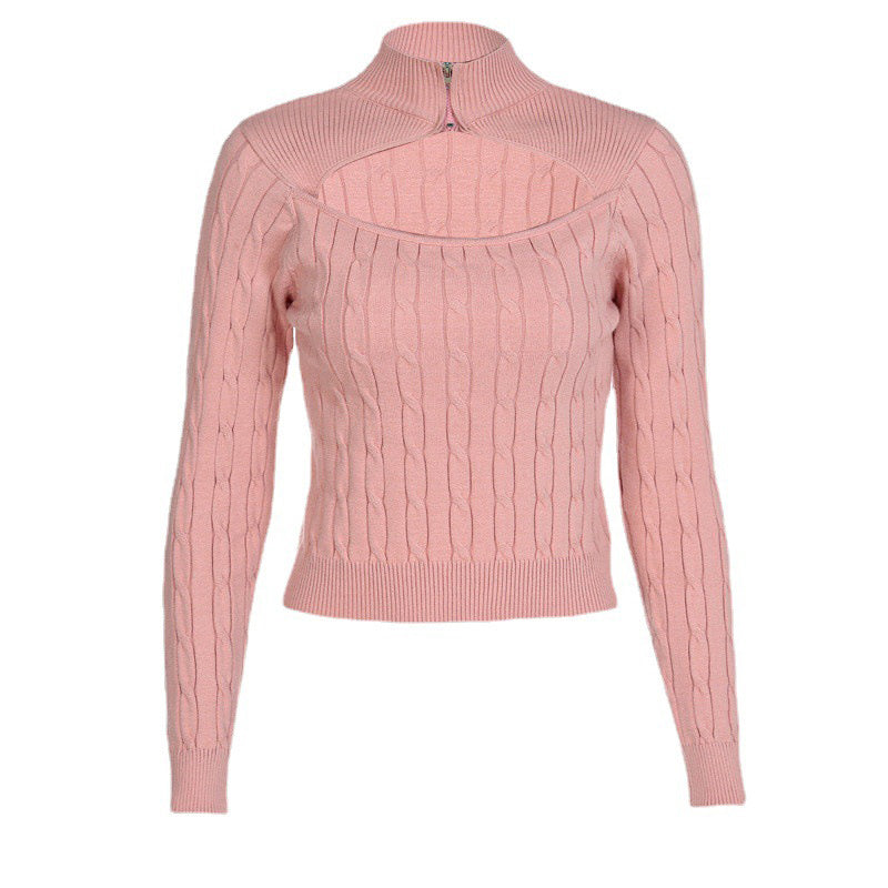 Solid Knitted Women's Turtleneck Pullovers 2021 Autumn Long Sleeve Zippers Hollow Out Sweaters Ladies Fashion Office Clothes