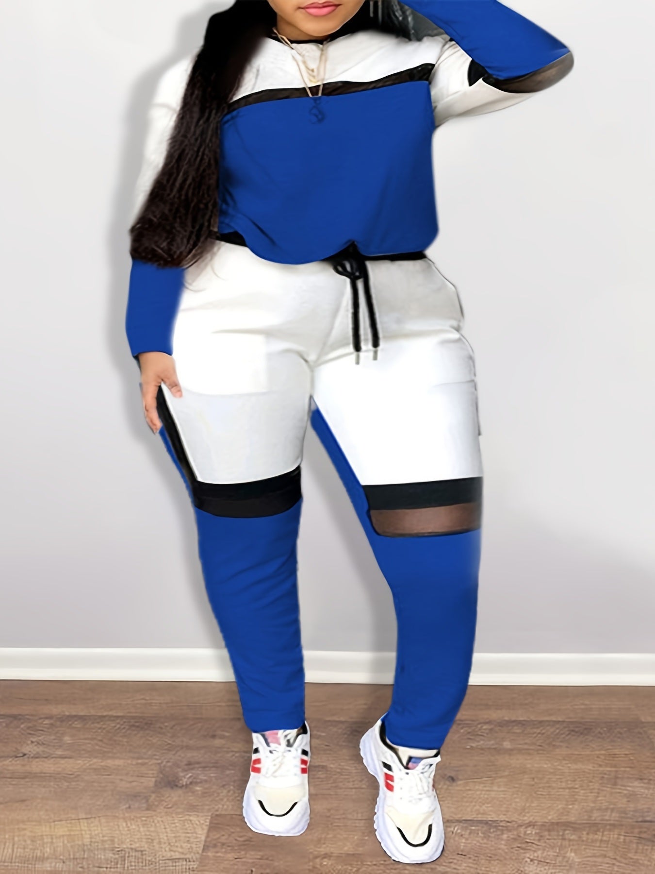 Plus Size Colorblock Contrast Mesh Long Sleeve Sweatshirt & Sweatpants Set; Women's Plus Fashion Casual 2pcs Set Outfit