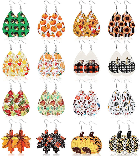 16 Pairs Faux Leather Earrings for Women Autumn Teardrop Dangle Earrings Set Pumpkin Sunflower Maple Leaf Acorn Thanksgiving Jewelry