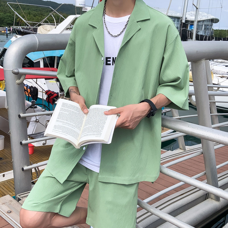 Korean Style Men&#39;s Set Suit Jacket and Shorts Solid Thin Short Sleeve Top Matching Bottoms Summer Fashion Oversized Clothing Man