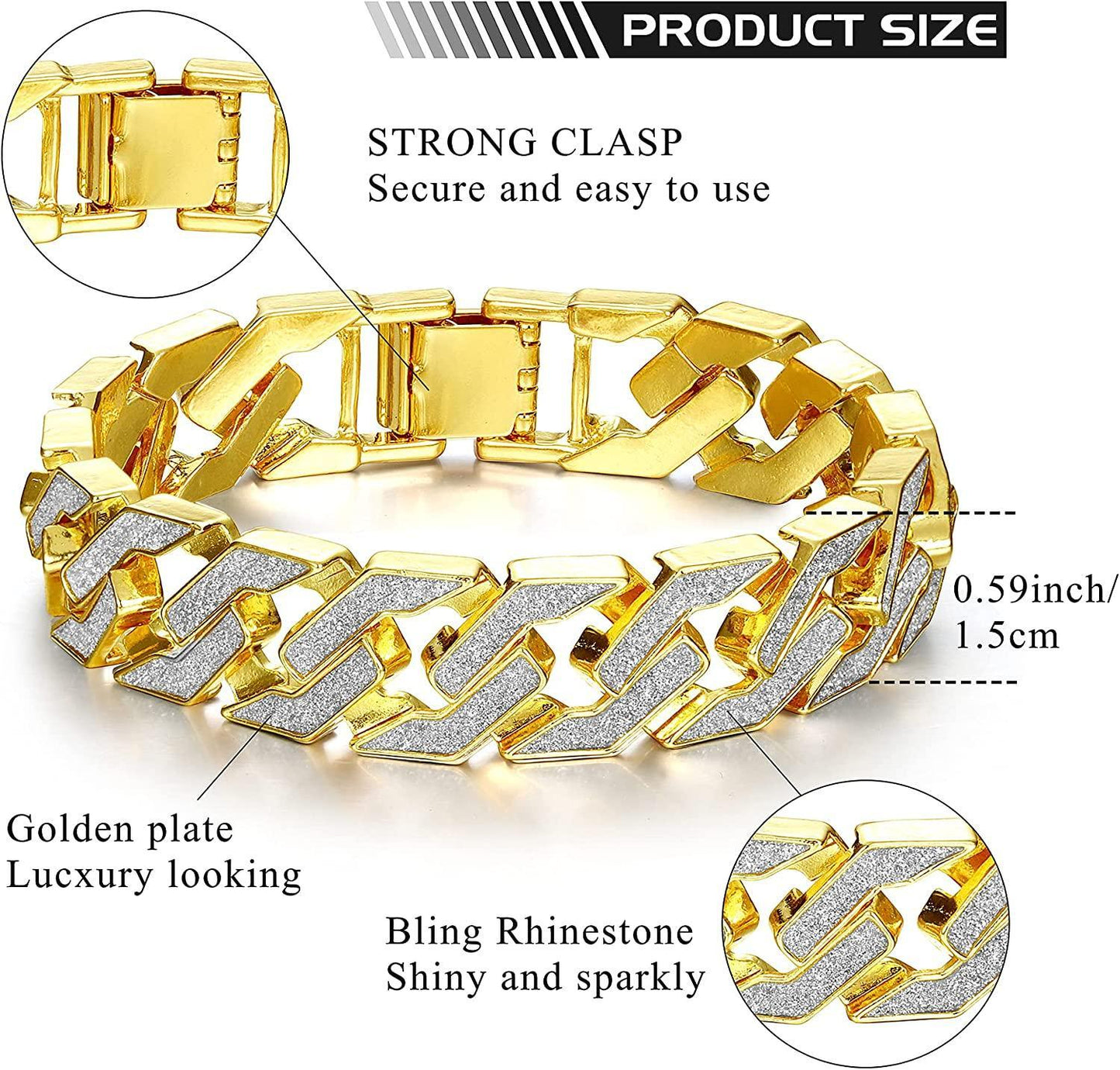 STEEL 18k Gold Plated Cuban Link Bracelet for Men Women Hip Hop Bracelet Jewelry with Clear Rhinestones Iced Out Bracelet 8" 8.6" Length