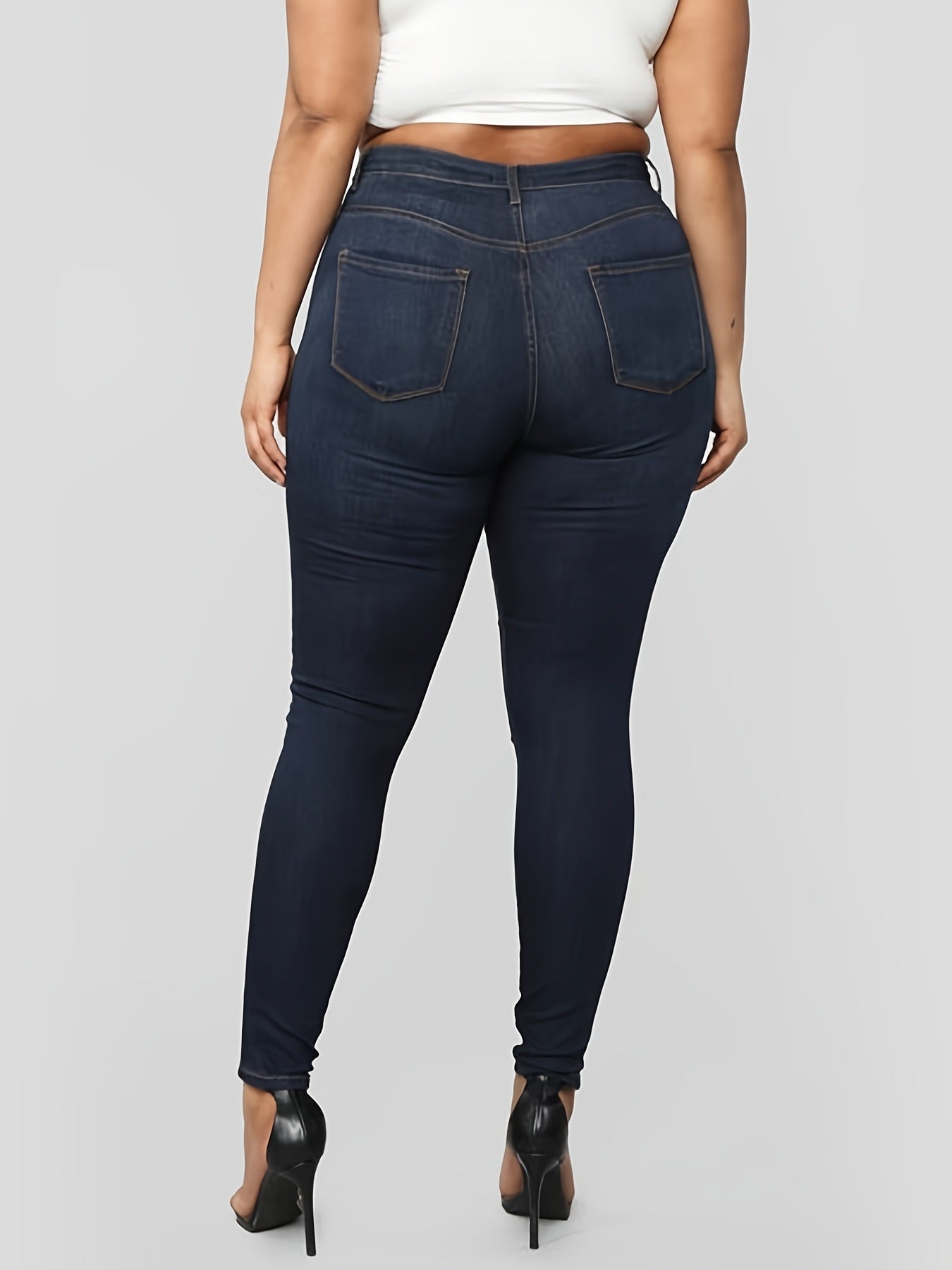 Plus Size High Rise Button Fly Skinny Jeans; Women's Plus Slight Stretch Casual Denim Skinny Pants