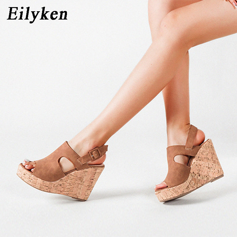 Eilyken Casual Women Platform Sandals Sexy Peep Toe Wedge Shoes Gladiator Ladies Buckle Strap High Heels Black Pink Brown