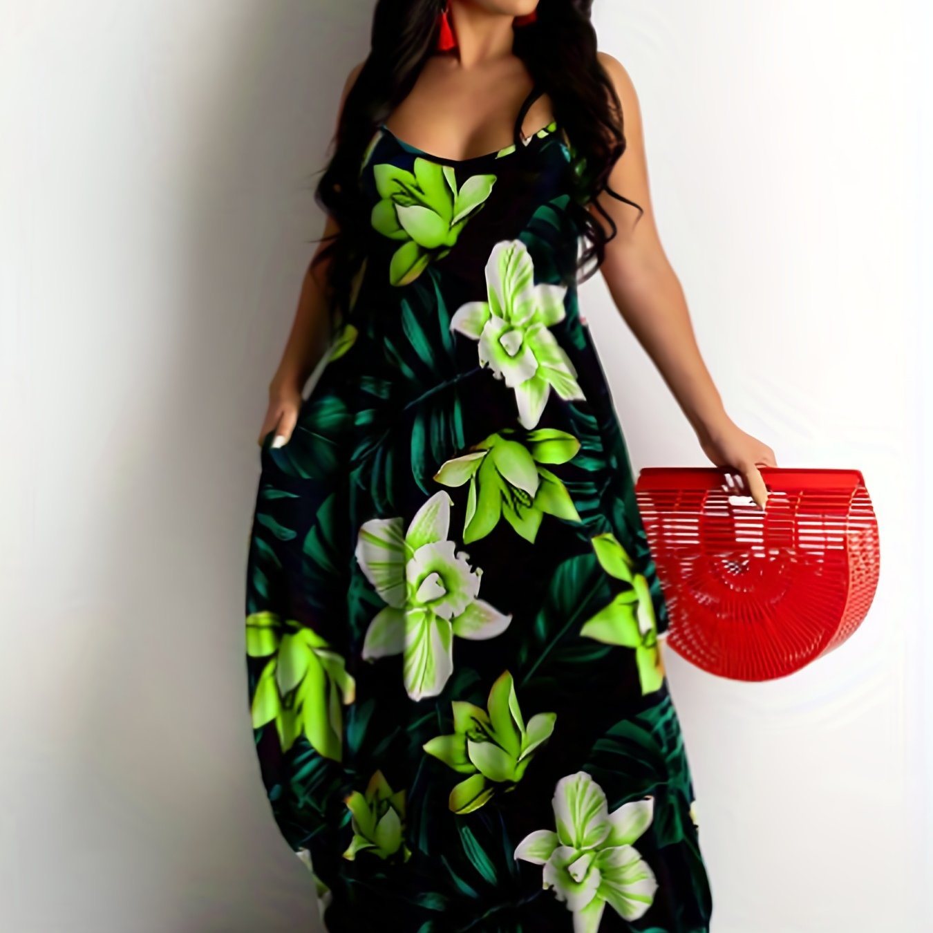 Plus Size Boho Dress; Women's Plus Floral Print V Neck High Stretch Cami Maxi Dress With Pockets