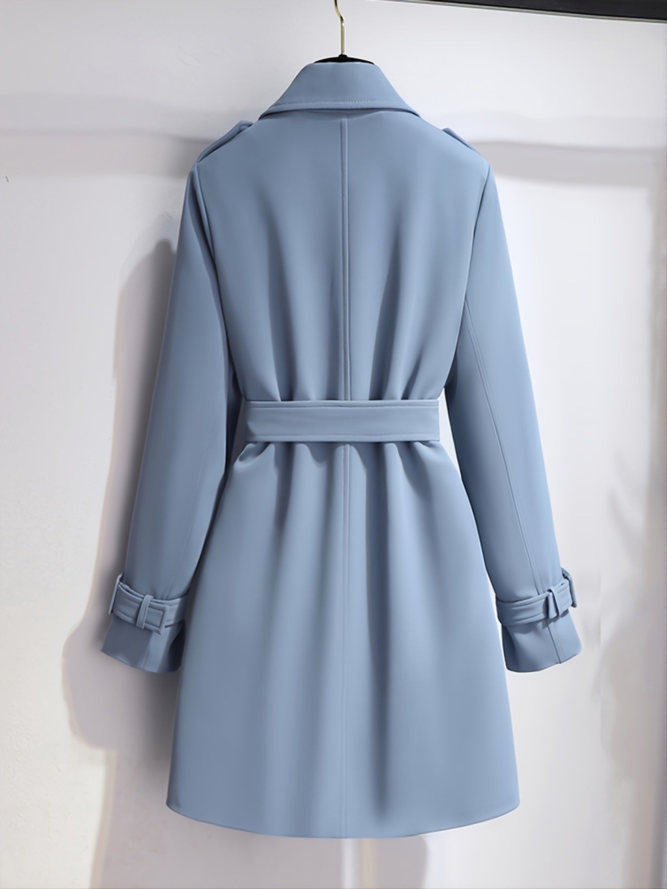 Plus Size Solid Button Up Long Sleeve Coat With Belt; Women's Plus Lapel Collar Elegant Long Coat