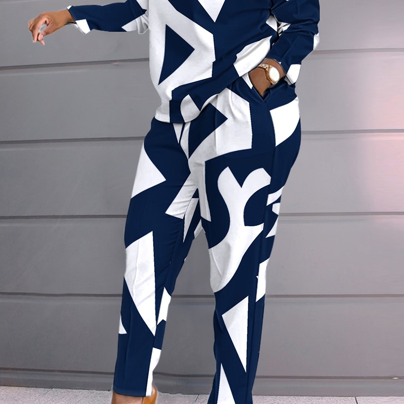 Plus Size Geometric Print Long Sleeve Tops & Straight Leg Pants Set; Women's Plus Slight Stretch Casual 2pcs Set Outfits