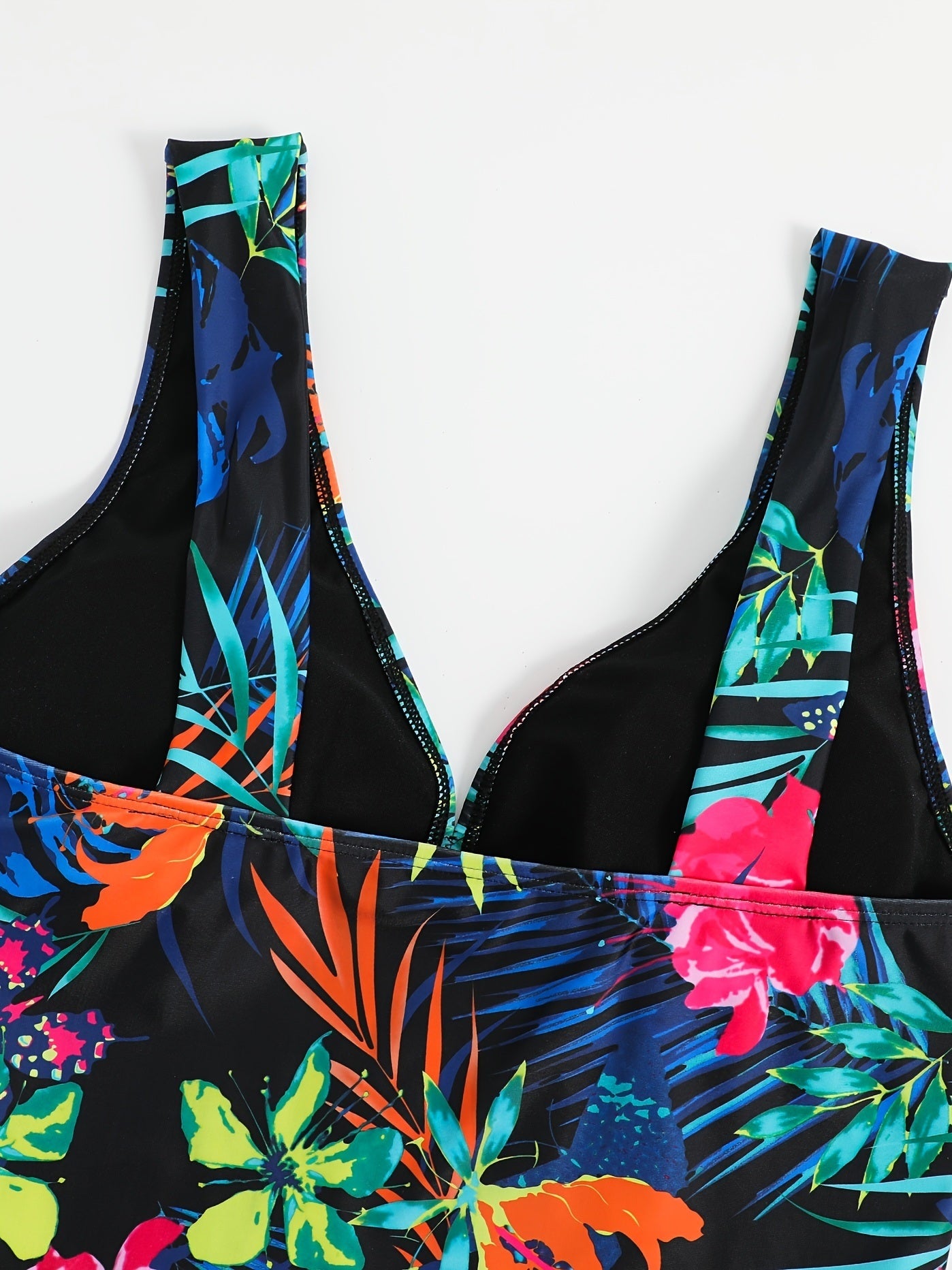 Plus Size Tropical Print Tank Top & Panties Swimsuit Set; Women's Plus High Stretch 2pcs Swimsuit Set