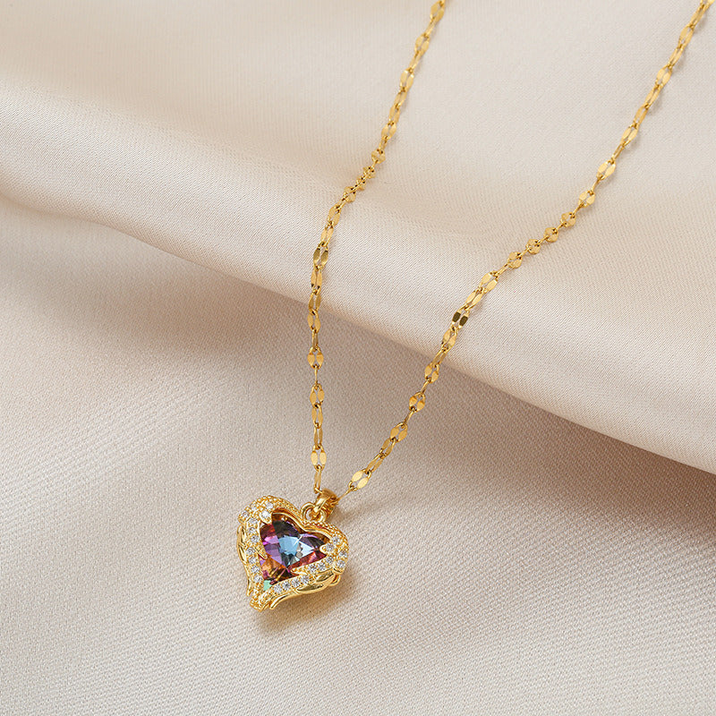 Luxury Colorful Crystal Ocean Heart Pendant Necklace For Women Korean Fashion Stainless Steel Neck Chain Female Wedding Jewelry