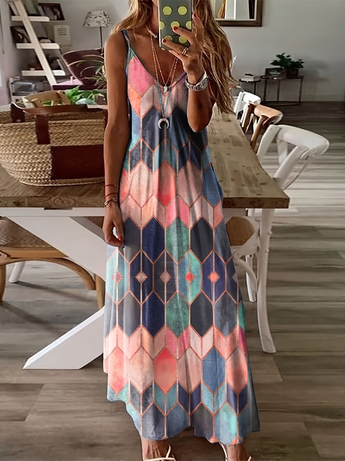 Plus Size Geometric Print Cami Maxi Dress; Women's Plus Spaghetti Strap V Neck Casual Long Dress