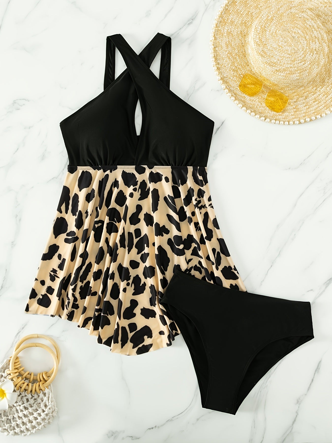 Plus Size Criss Cross Neck Leopard Print Bikini Set; Women's Plus Medium Stretch Elegant Swimsuit Set Bathing Suit Set