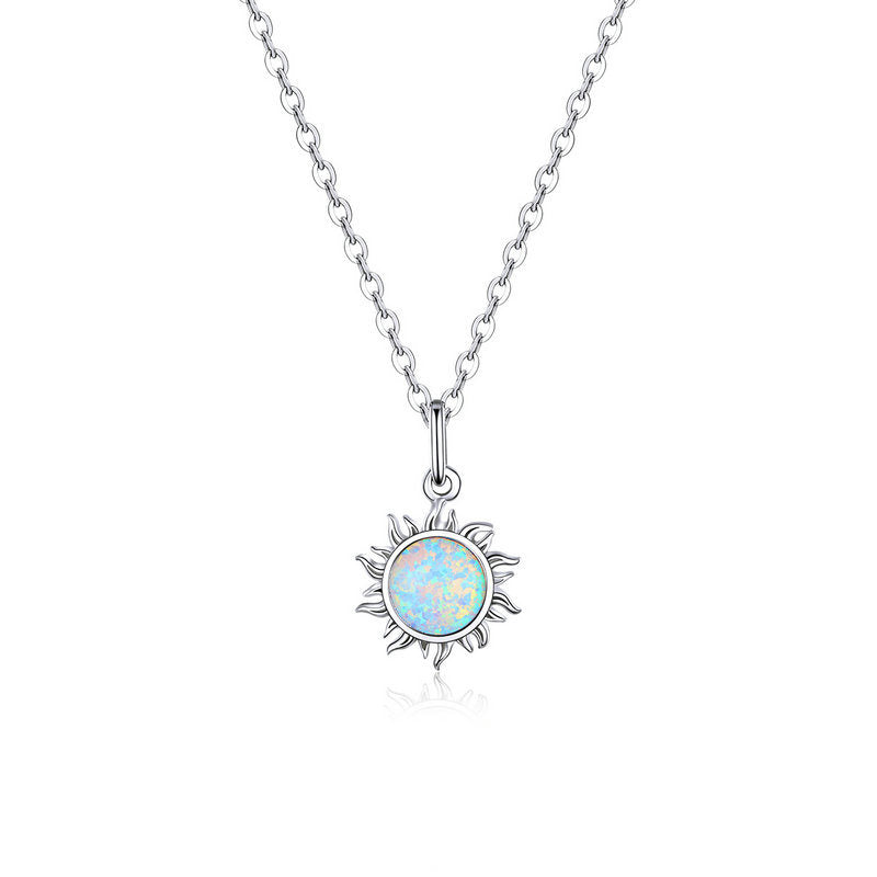 925 Sterling Silver White Opal Sun Pendant Necklace Apollo Chain Necklaces for Women Birthday Gift Jewelry 17.71''