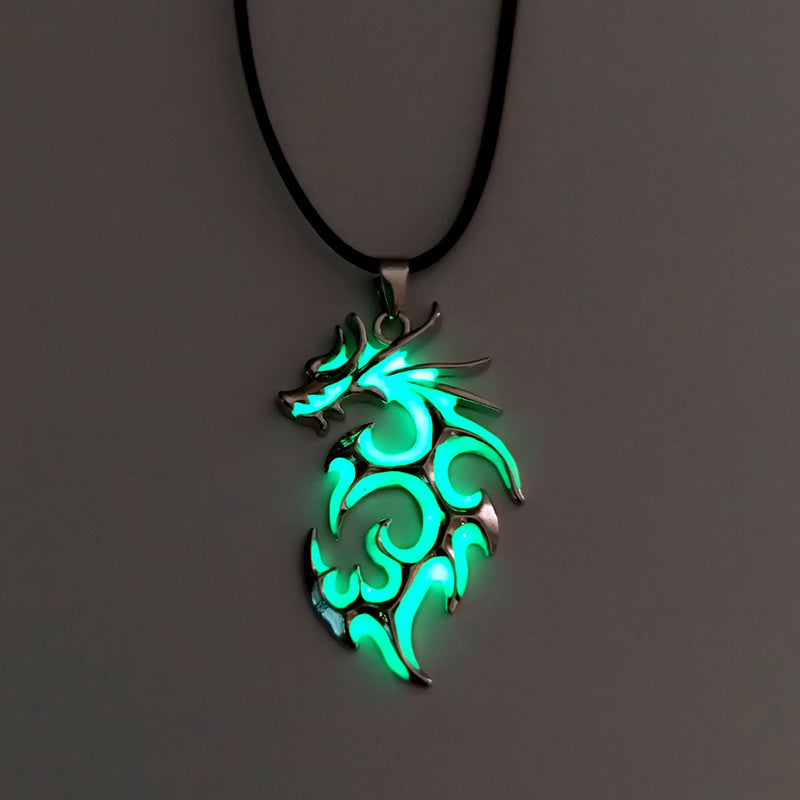 Vintage Punk Luminous Glowing In The Dark Moonstone Dragon Pendant Necklace Charm Men Boy Beach Party Jewelry Gift Wholesale