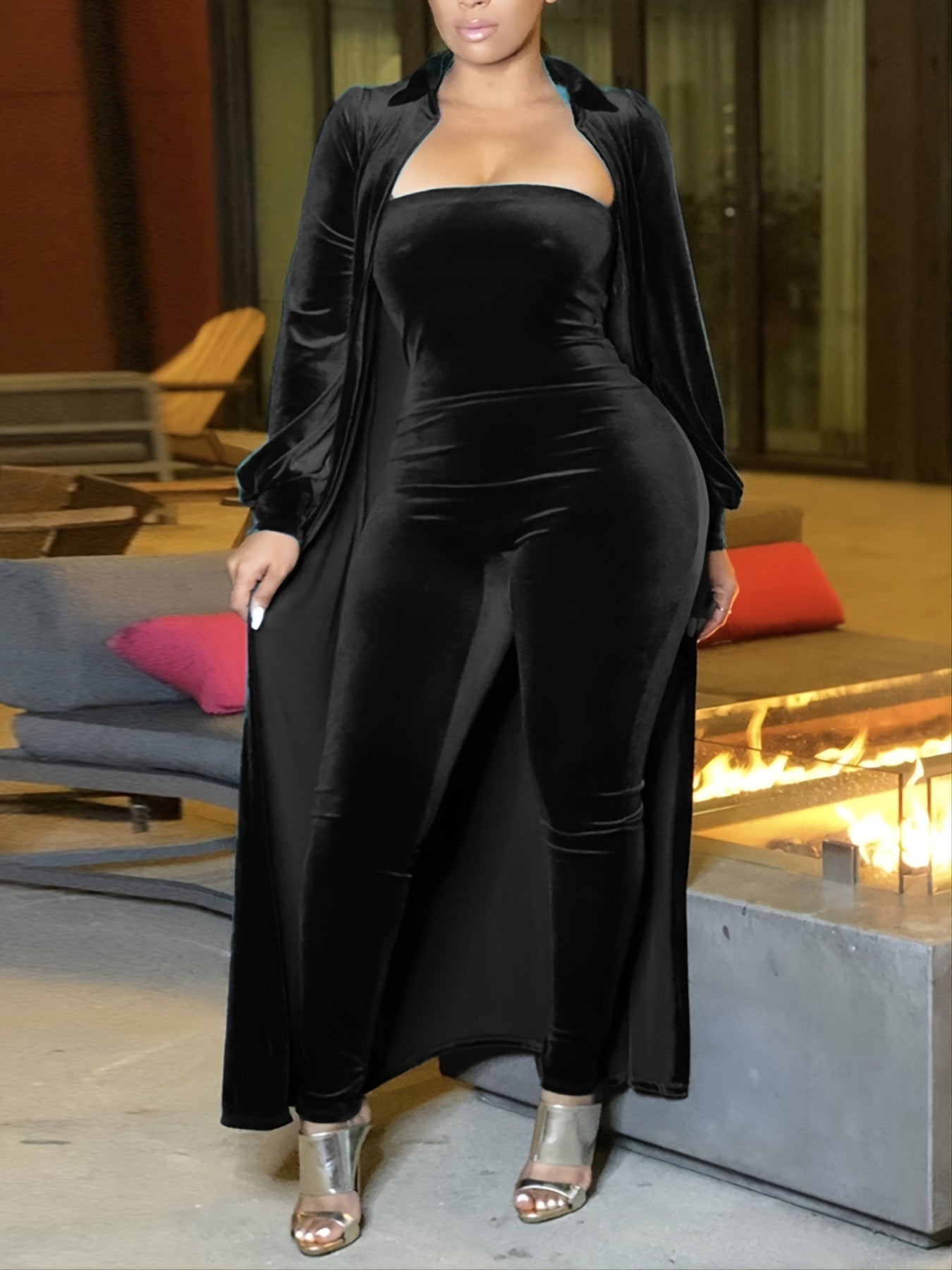 Plus Size Velvet Jumpsuit & Coat Fuzzy Set; Women's Plus Solid Slight Stretch Two Pieces Set