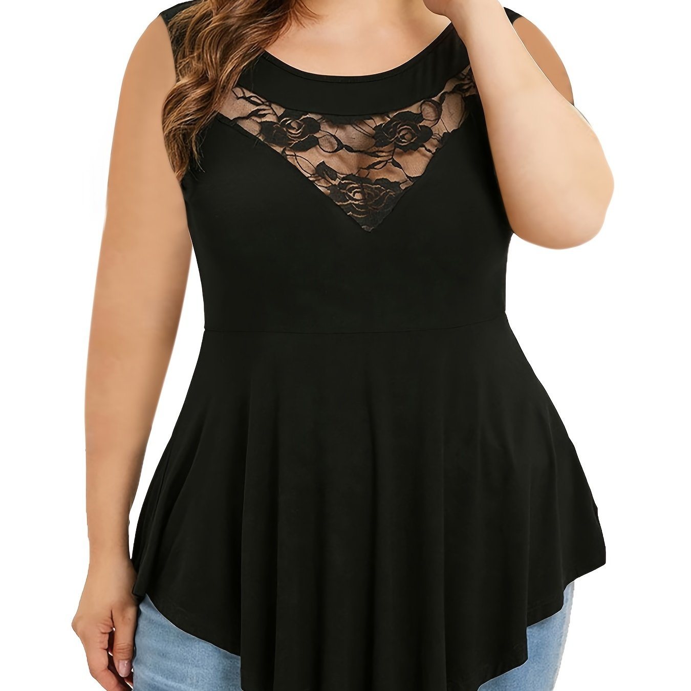 Plus Size Contrast Lace Irregular Hem Tank Top; Women's Plus Elegant Medium Stretch Semi Sheer Top