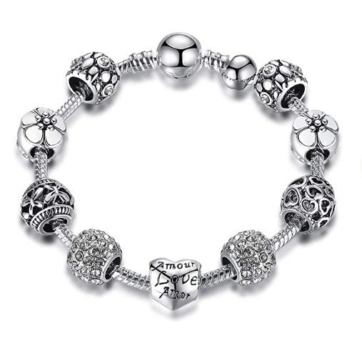 Love Beads Charms Bracelet Rose Flower Charms CZ Charms Bracelets with 9 Pieces Charm for Girls and Women