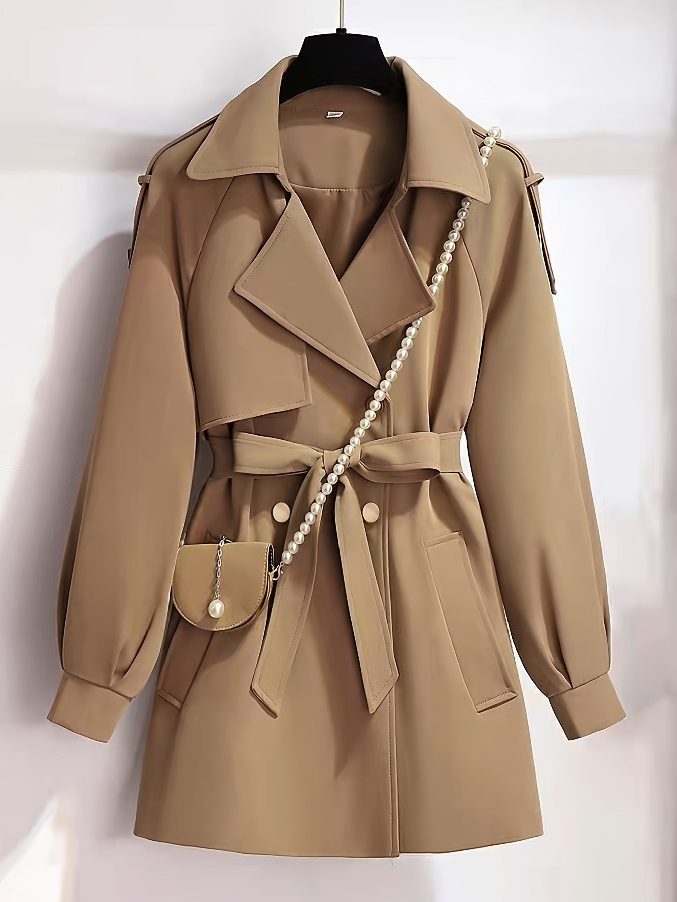 Plus Size Solid Lantern Sleeve Button Up Trench Coat With Belt; Women's Plus Double Breast Casual Trench Coat