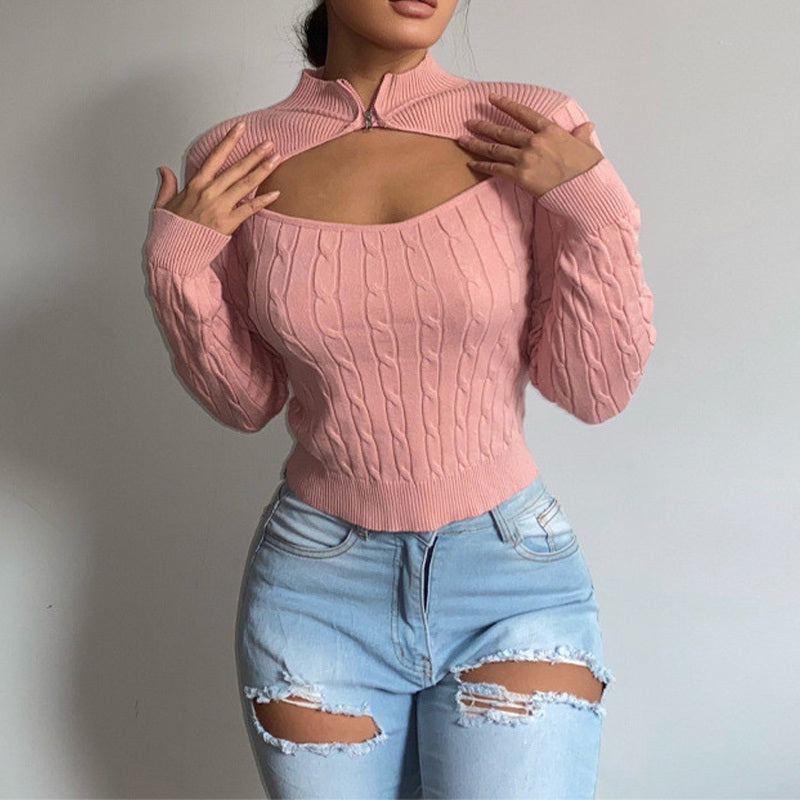 Solid Knitted Women's Turtleneck Pullovers 2021 Autumn Long Sleeve Zippers Hollow Out Sweaters Ladies Fashion Office Clothes