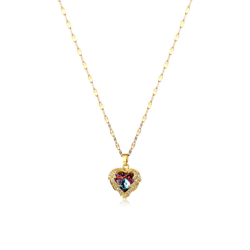 Luxury Colorful Crystal Ocean Heart Pendant Necklace For Women Korean Fashion Stainless Steel Neck Chain Female Wedding Jewelry