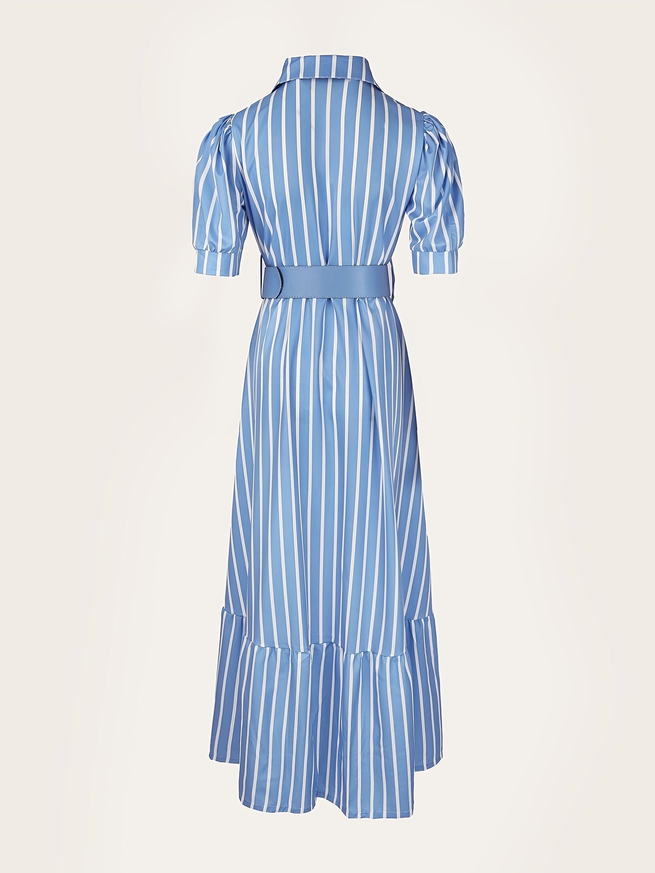 Elegant Striped Lace Up Long Dress; Short Sleeve V-neck Swing Belt Summer Long Dresses; Women's Clothing