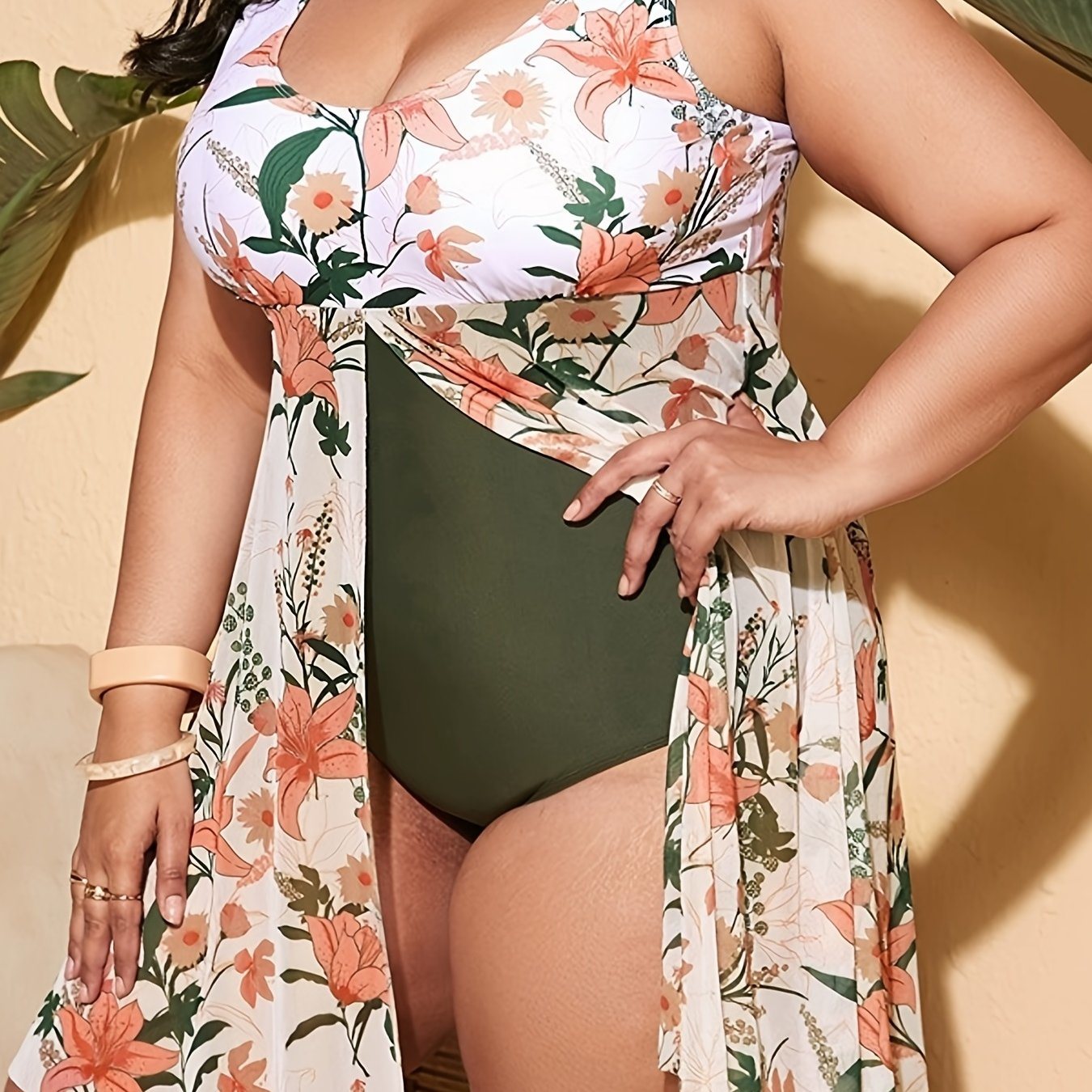 Plus Size Colorblock Floral Trim Contrast Mesh One Piece Swimsuit; Women's Plus High Stretch Modest Swimsuit