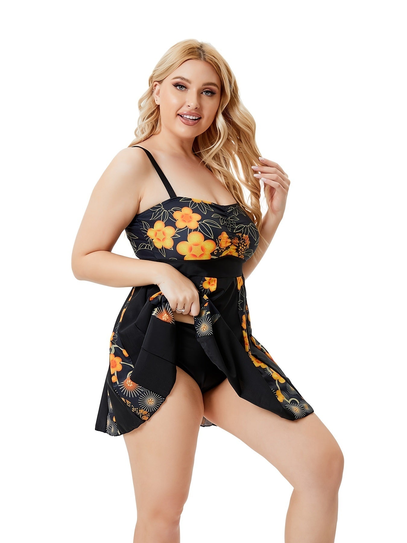 Plus Size Floral Print Bikini Set; Women's Plus Medium Stretch Vacation Boho Bathing Suit Set Beachwear