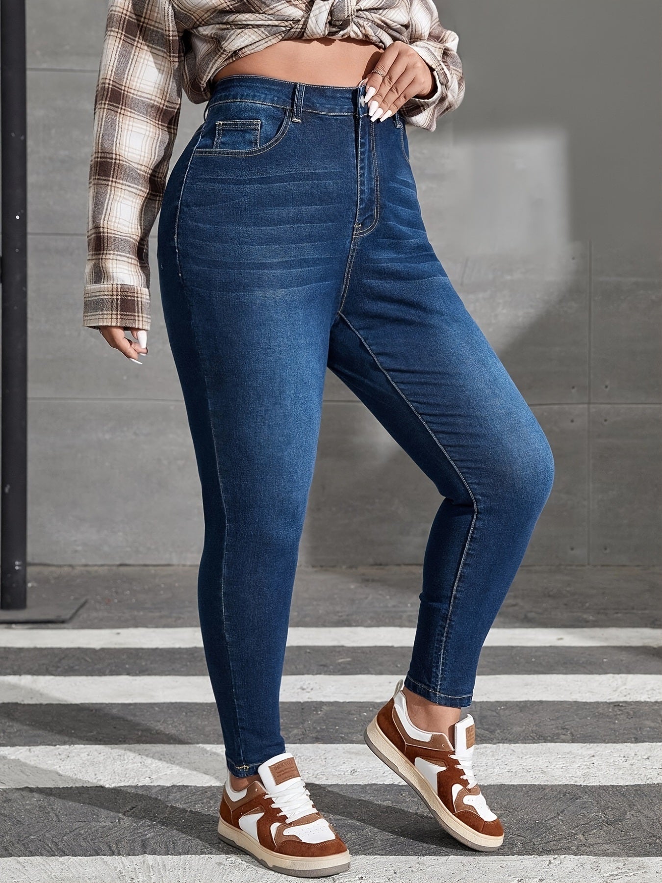 Plus Size Washed Button Up Skinny Jeans; Women's Plus High Stretch Casual Skinny Jeans