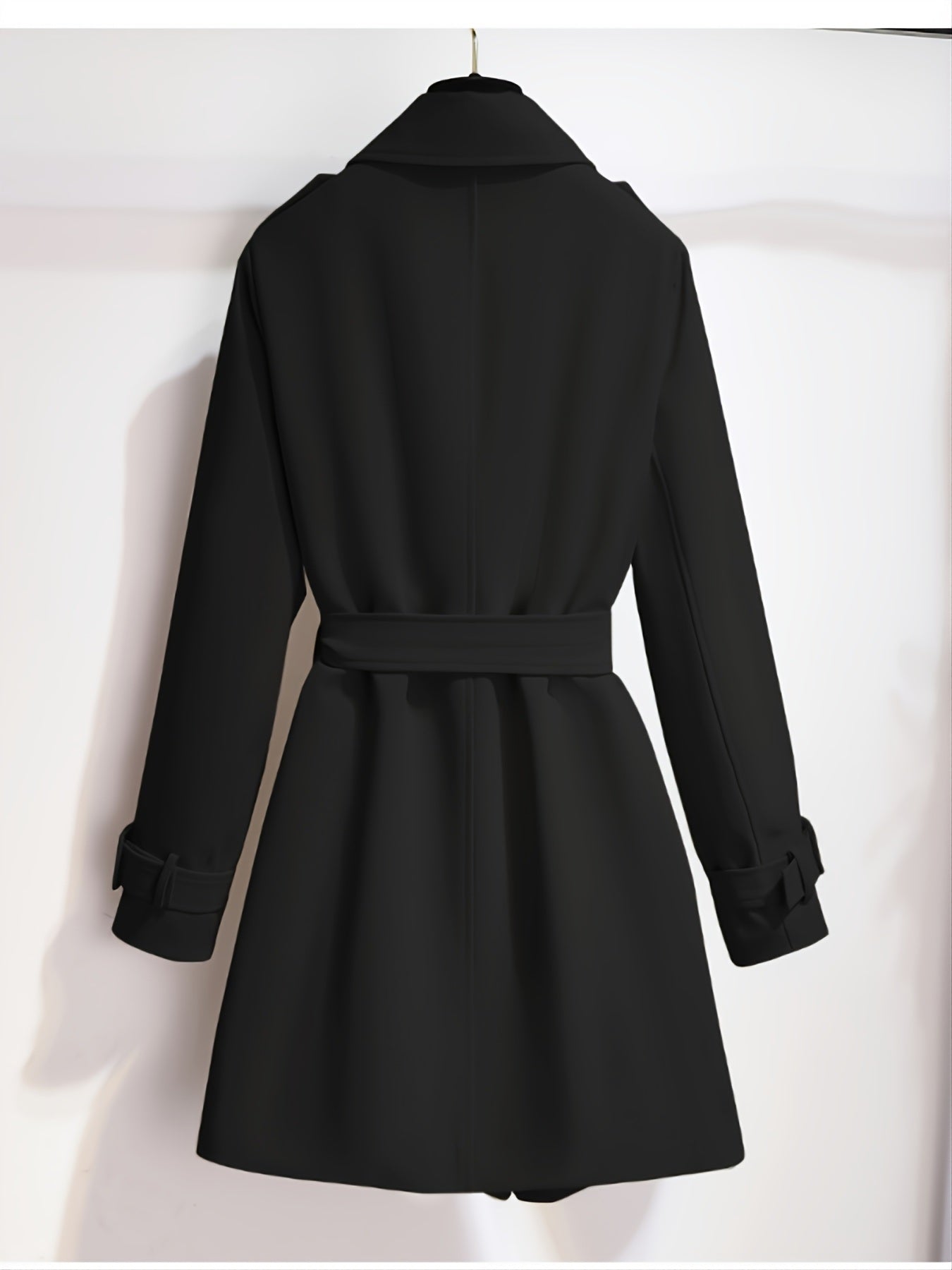 Plus Size Solid Button Up Long Sleeve Coat With Belt; Women's Plus Lapel Collar Elegant Long Coat