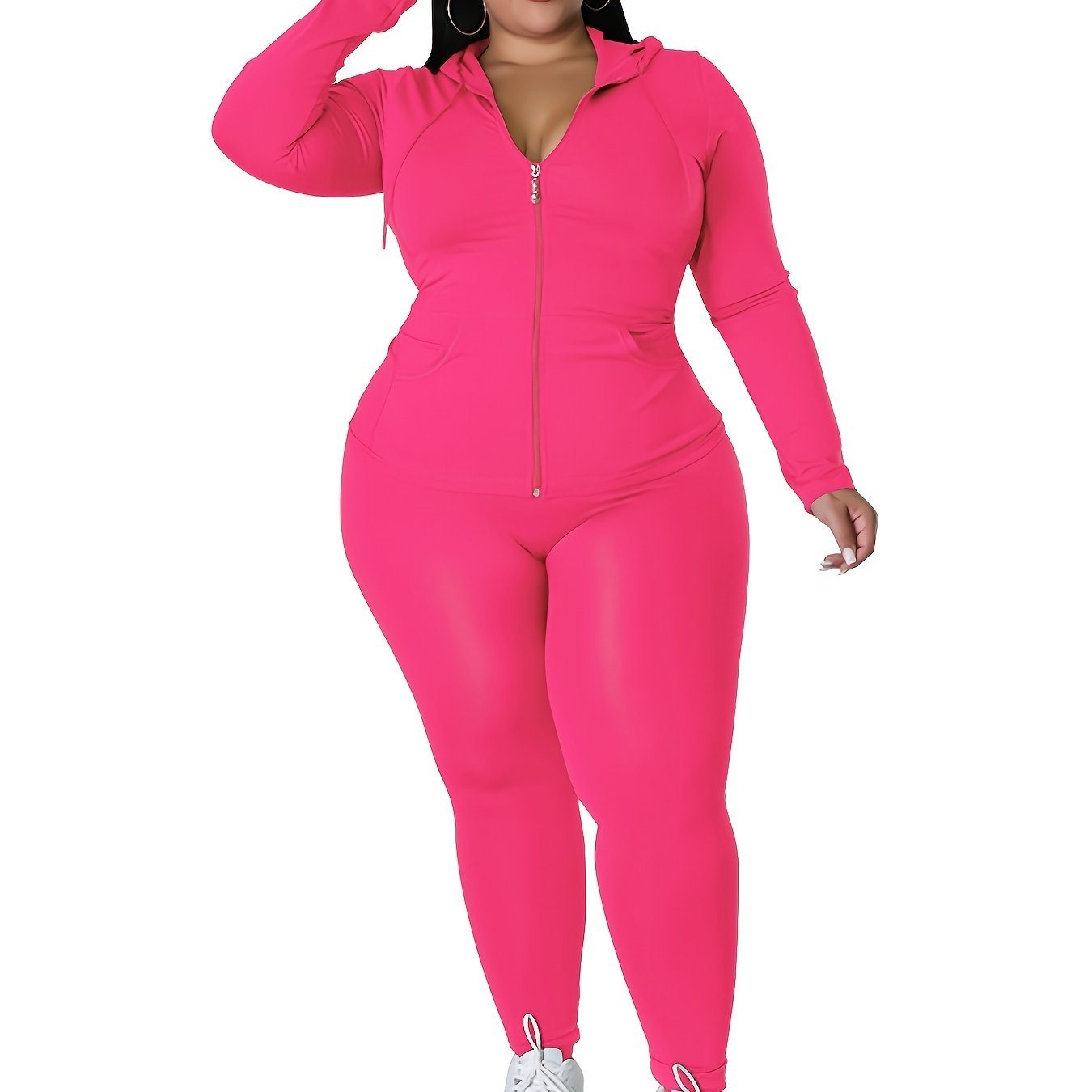 Plus Size Solid Zip Up Hoodie Sweatshirt & Pants Set; Women's Plus High Stretch Workout 2pcs Set