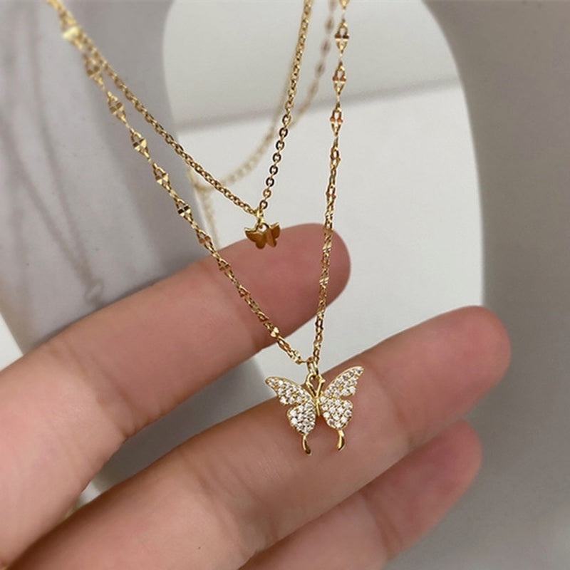 Luxury Necklace for Women Butterfly Necklace Shiny Double Chain Clavicle Pendant Anniversary Gift Jewelry Necklaces for Women