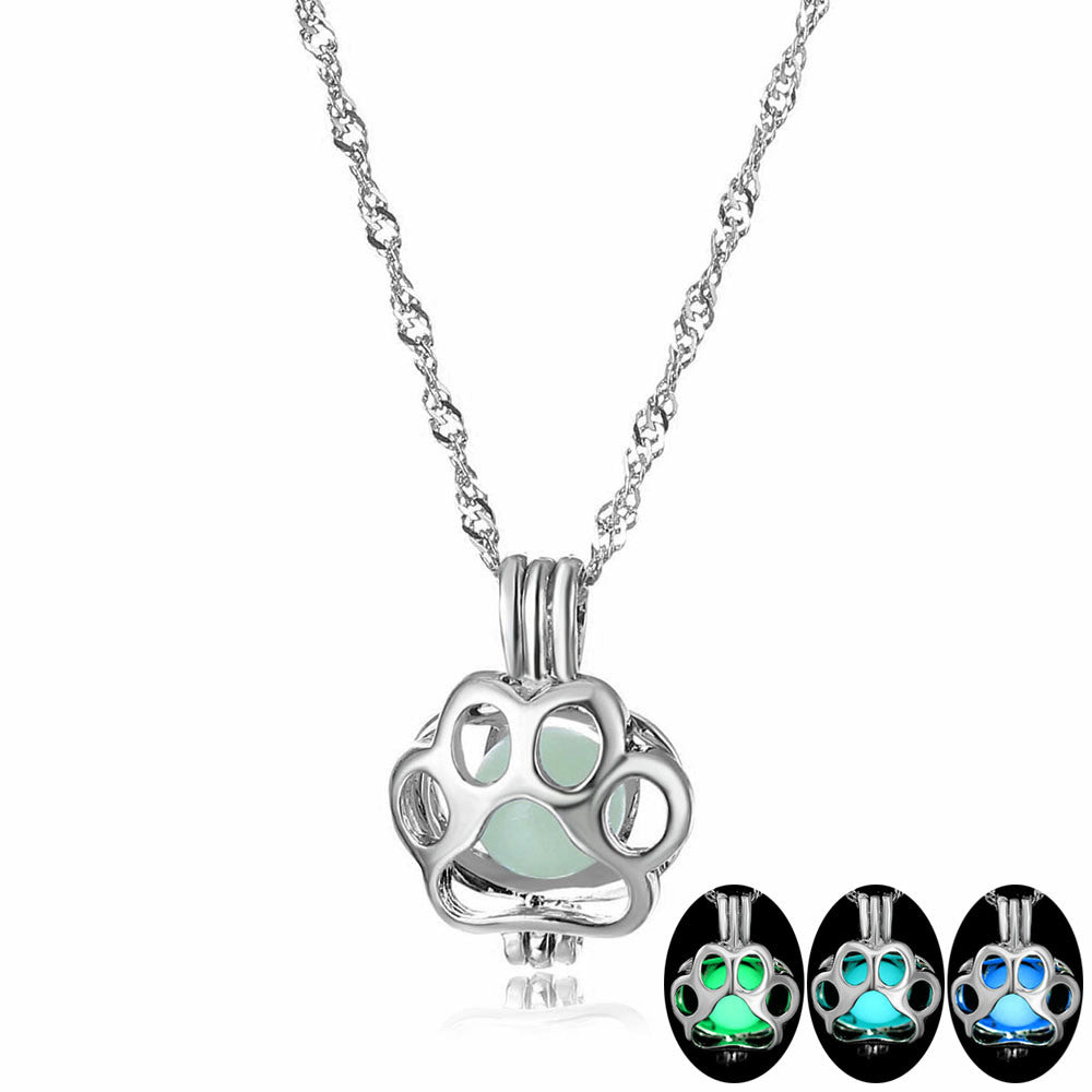 FAMSHIN Fashion Silver Color Charm Luminous Pendant Necklace Women Bear Paw Glowing Stone Necklace Christmas Necklaces Jewelry