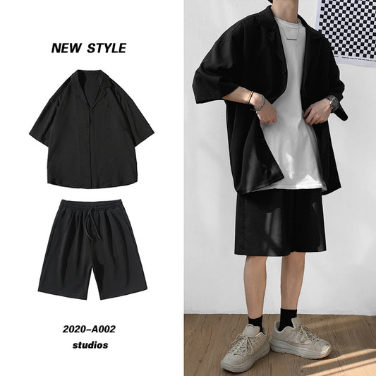 Korean Style Men&#39;s Set Suit Jacket and Shorts Solid Thin Short Sleeve Top Matching Bottoms Summer Fashion Oversized Clothing Man