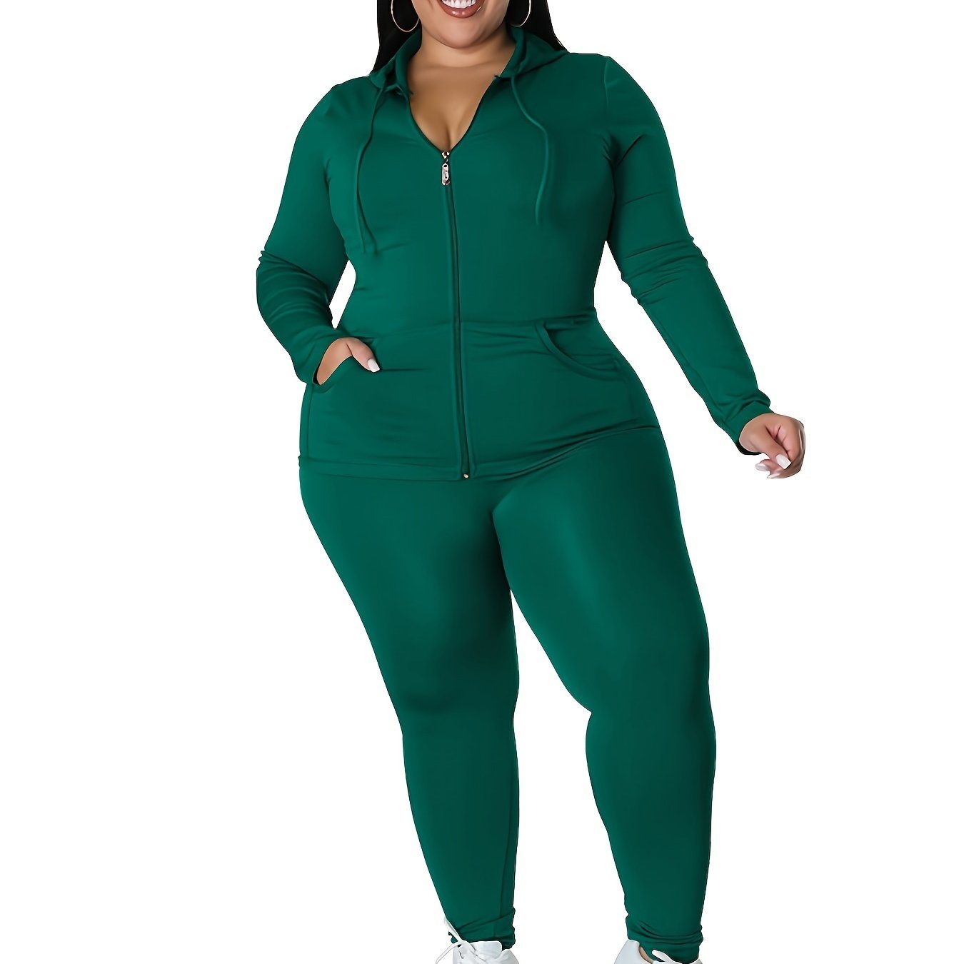 Plus Size Solid Zip Up Hoodie Sweatshirt & Pants Set; Women's Plus High Stretch Workout 2pcs Set