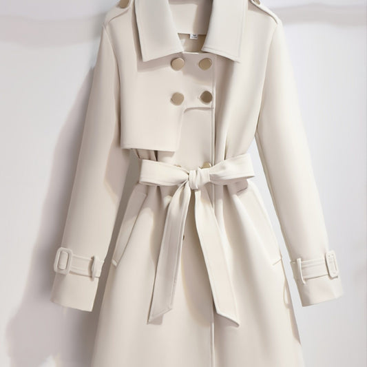 Plus Size Solid Button Up Long Sleeve Coat With Belt; Women's Plus Lapel Collar Elegant Long Coat