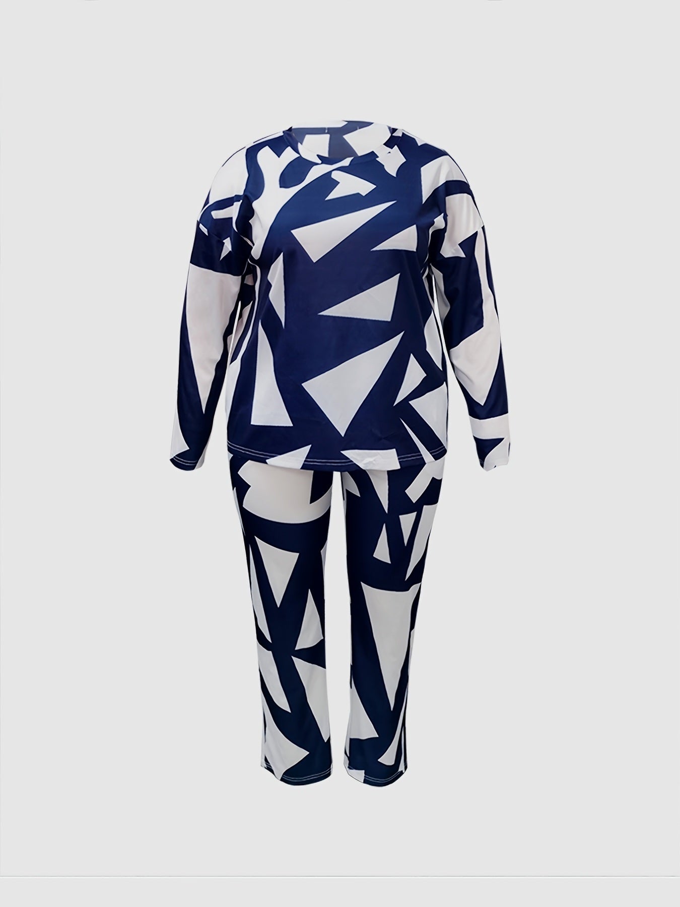 Plus Size Geometric Print Long Sleeve Tops & Straight Leg Pants Set; Women's Plus Slight Stretch Casual 2pcs Set Outfits