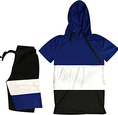 Men's Casual Stitching Color 2 Piece Short Sets Outfits Loose Hooded Short-Sleeved T-shirt + Shorts Siuts