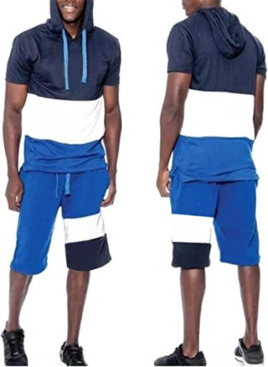 Men's Casual Stitching Color 2 Piece Short Sets Outfits Loose Hooded Short-Sleeved T-shirt + Shorts Siuts